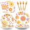 96 Pcs Groovy Party Supplies for 24 Guests Retro Hippie Boho Tableware Plates Napkins Daisy Flower Birthday Dinnerware Table Decorations Retro Hippie Daisy Party Favor for Kitchen Dinning Home Decor